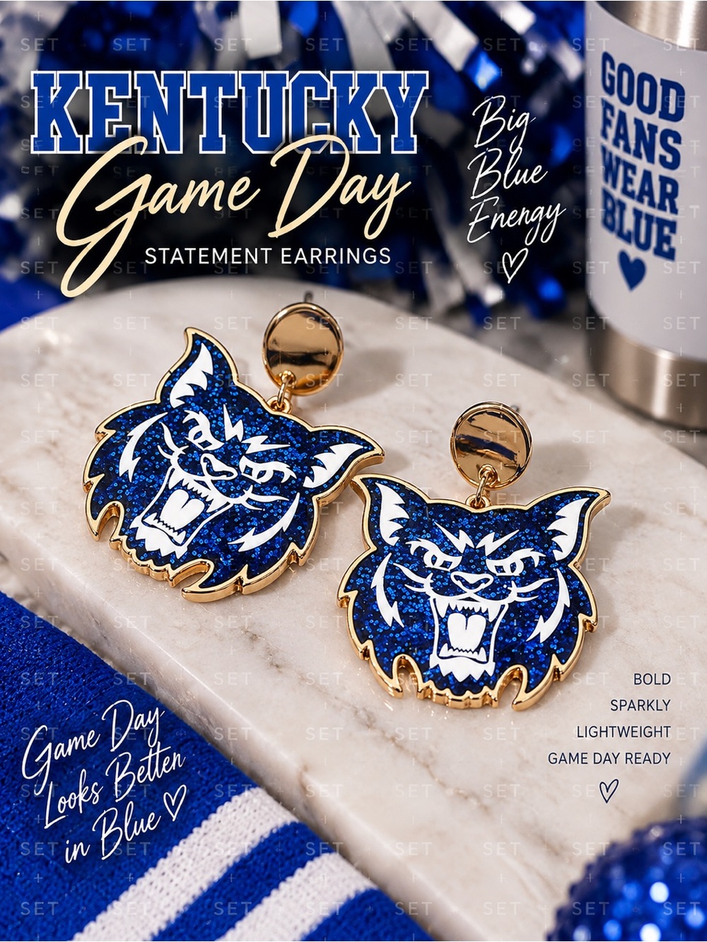 Kentucky Blue Wildcat Glitter Statement Dangle Earrings Game Day Jewelry